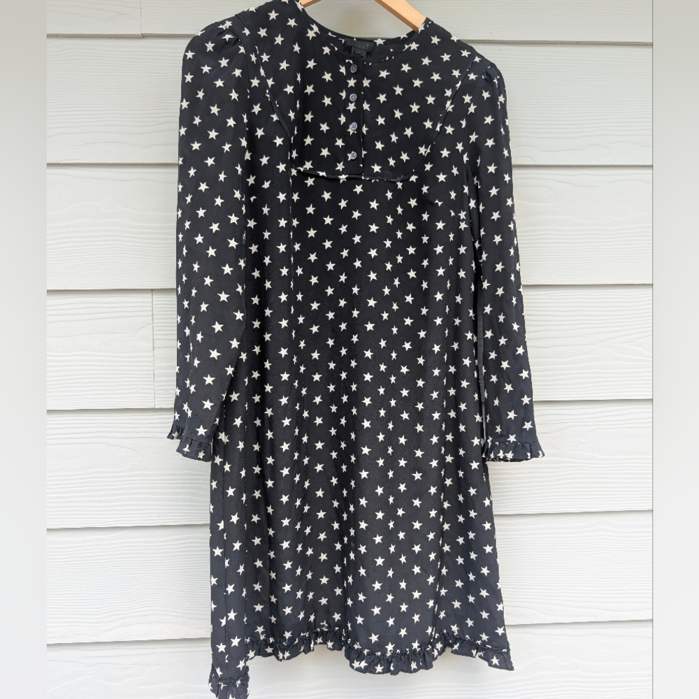J Crew Dress Midi Silk Lined Size 4 Black Star Print Buttons At Front Long Sleev - Picture 5 of 8